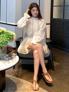 DAZY Women's Elegant Stand Collar Ruffle Sleeve Contrast Lace Blouse And Skirt 2-Piece Set,Cream White Autumn Lounge Sets For Date Commuting Daily Wear - Apricot - View 4