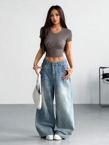valorelle valorelle Maglietta casual da strada, sexy, retrò in stile Y2K, con elementi di strass, a collo rotondo, a maniche corte, aderente e corta - Grigio - Visualizzare 7