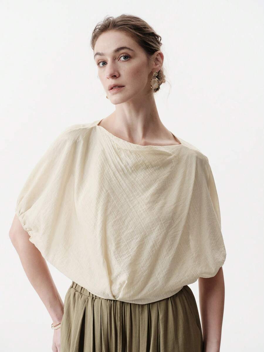 Aalyst 女士春夏休闲衬衫，优雅浪漫宽松褶皱面料船领褶皱设计短袖衬衫，浅黄色/淡桃色 - 杏色 - 查看 1