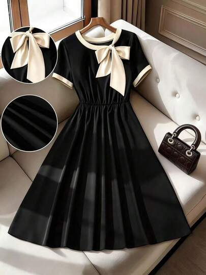 Franclia Women's Colorblock Bow Decor Round Neck Short Sleeve Elegant Dress