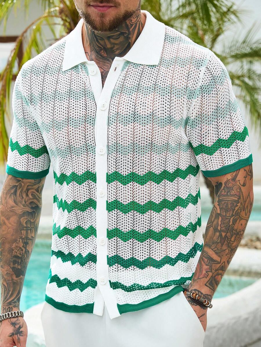 Manfinity RSRT 男士条纹短袖前开襟休闲镂空针织上衣 - 白色 - 查看 1