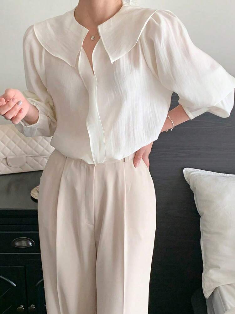Women's Solid Color Elegant Minimalist Ruffle Hem Loose Blouse Long Sleeve Spring