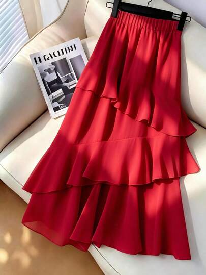 GlowEve CURVE Plus Size Women Chiffon Ruffle Hem Elegant Romantic Skirt