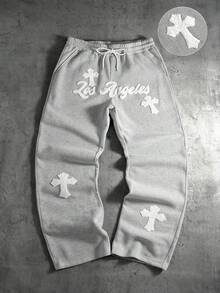 PAVTROS Men's Cross Graphic Drawstring Waist Pockets Casual Loose Sweatpants - Grey - View 3