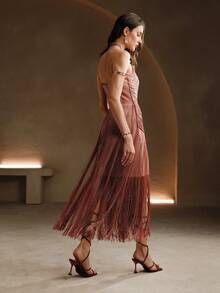 Anewsta Rose Red Layered Fringed Sleeveless Evening Dress For New Year Clothes - Red - View 2