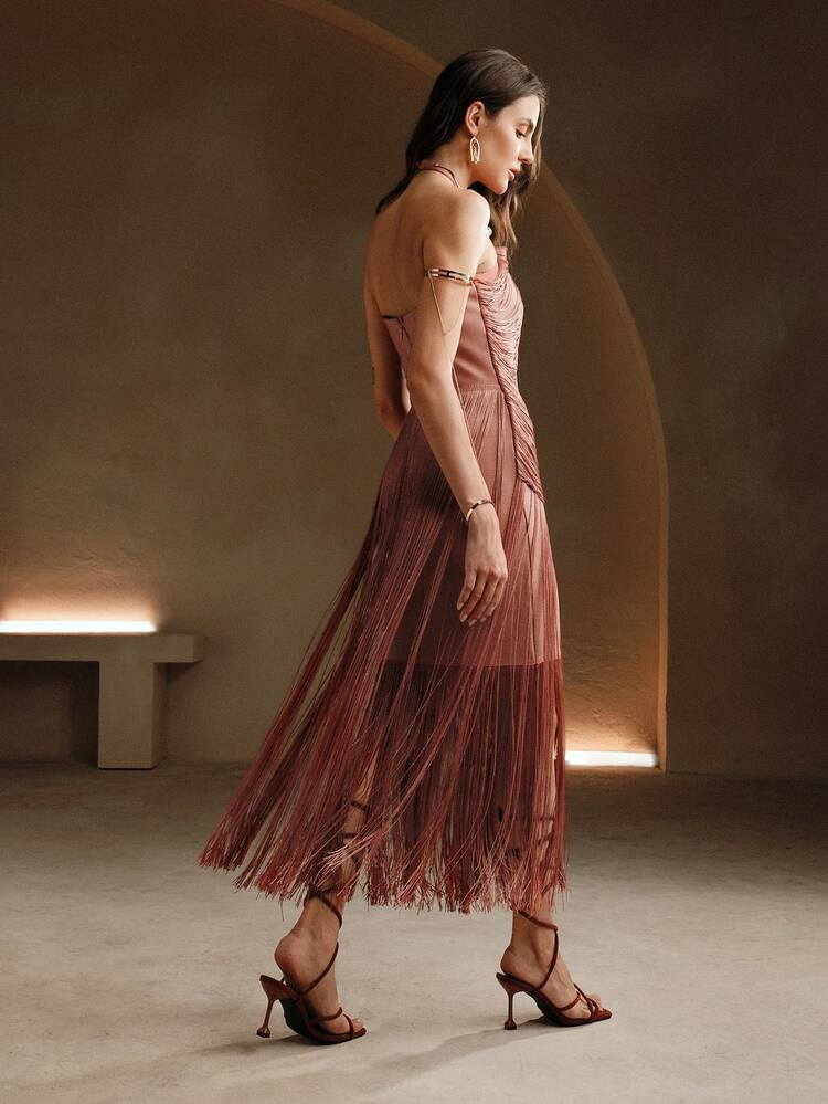 Rose Red Layered Fringed Sleeveless Evening Dress For New Year Clothes