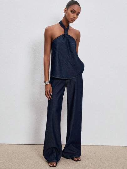 SHEIN x Tata & Beatriz ATUI Studio Áo denim nữ màu trơn tối giản phong cách thường ngày