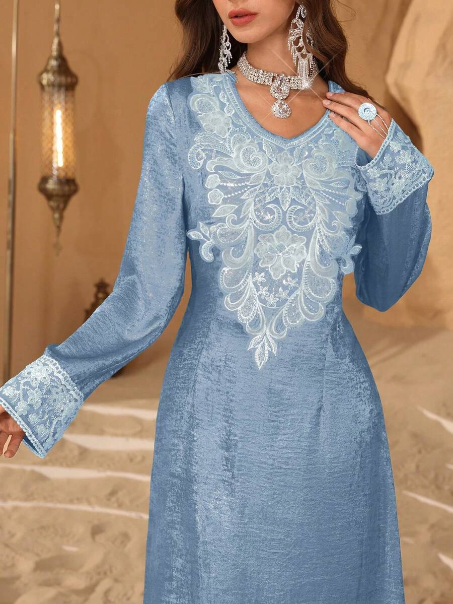 Al Najma New Arrival Metallic Gold Embroidered Mesh Trim Luxurious Turkish Abaya - Dusty Blue - View 1