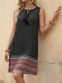 EMERY ROSE 女士休闲佩斯利印花流苏系带无袖迷你连衣裙，适合夏季度假 - 彩色 - 查看 5