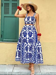 Breezaya Conjunto de 2 piezas con estampado para mujer talla grande, romántico, adecuado para vacaciones, casual, versátil y de moda para uso diario - Azul y blanco - Ver 1