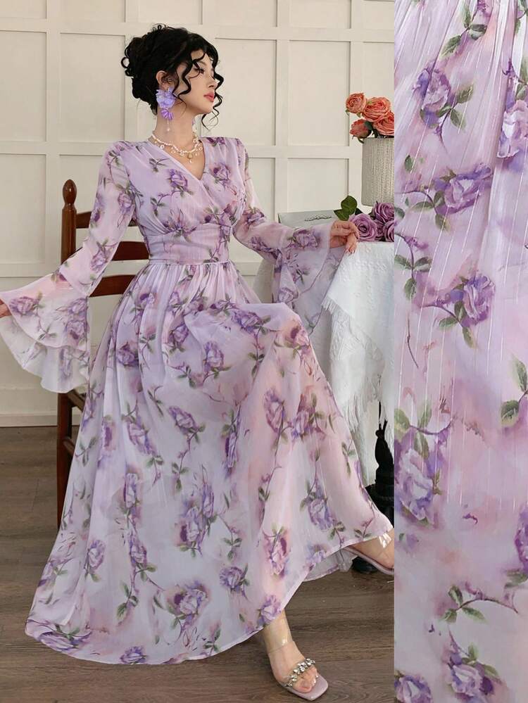 Women's Elegant Floral V-Neck Flare Sleeve Dress, Spring/Summer Wedding Guest Dress Sundress