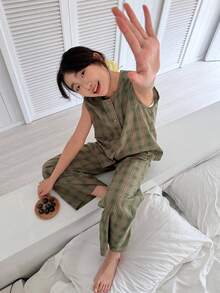 DAZY Conjunto de chaleco sin mangas de cuello redondo a cuadros y pantalones para niñas preadolescentes, para otoño - Verde - Ver 3