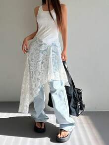 Women's Summer Round Neck Sleeveless Lace Patchwork Asymmetrical Hem Vacation Style Elegant Dress Sundress - White - View 3