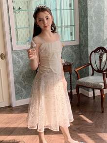 DAZY 少女网纱拼接连衣裙，秋季款 - 杏色 - 查看 5