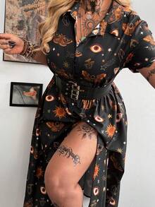 Whyspr Vestido con estampado de manga corta y cuello de camisa de moda - Negro - Ver 6