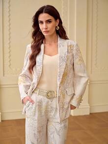 ZEYLAH Printed & Embroidered Mandarin Collar Single-Breasted Suit Jacket, Spring/Summer - Apricot - View 4