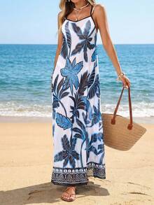 Swim Lushoire 女士夏季沙滩椰树印花V领半透明罩衫连衣裙 - 藍色 - 查看 4