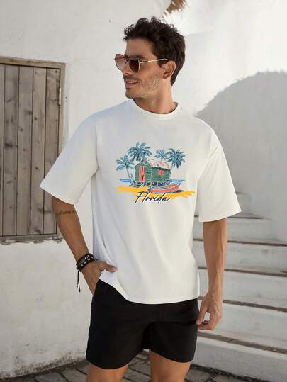 VIVINTIMO Men's Florida Vacation Style Casual Short Sleeve T-Shirt, Suitable For Daily And Holiday Wear Men Summer Casual Short Sleeve T-Shirt Summer T Shirts Men Mens T Shirt Retro Beach Vacation T Shirt Men