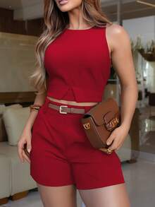 INAWLY Bộ 2 món gợi cảm gồm áo tank top cổ tròn ôm sát và quần short thường ngày dành cho nữ. - Màu Đỏ Sâu - Xem 3