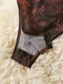 SHEIN Franclia Women's Fashion Leopard Print Mesh Sheer Long Sleeve Bodysuit - Brown - View 4
