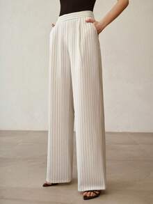 MOTF PREMIUM 休闲条纹亚麻质感通勤阔腿西装裤 - 白色 - 查看 4
