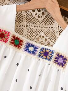 Tween Girls' Sweet Elegant Cute Doll Dress, Polka Dot Woven Round Neck Short Sleeve Bohemian Countryside Dress, Spring/Summer - White - View 5