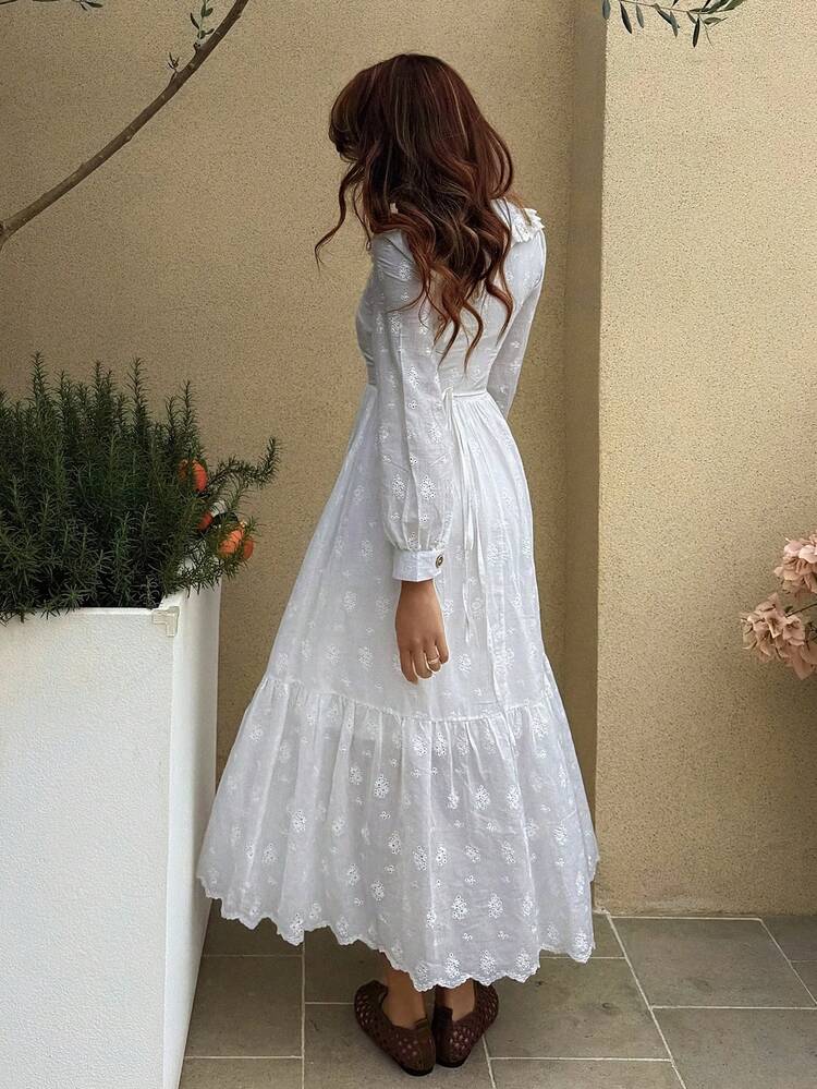 French Peter Pan Collar Waist Cinched Dress, French Elegant Style Long Dress For Women Dress Sundress