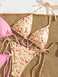 Swim Mod 两件套女士挂脖系带碎花比基尼泳衣，简约时尚海滩度假风 - 彩色 - 查看 4