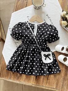 SHEIN Vintaside Kids 1件女婴舒适休闲印花荷叶边白色短袖百搭基础款连衣裙，配可爱印花包，适合春夏上学、旅行、居家、节日和日常穿着 - 黑色 - 查看 4