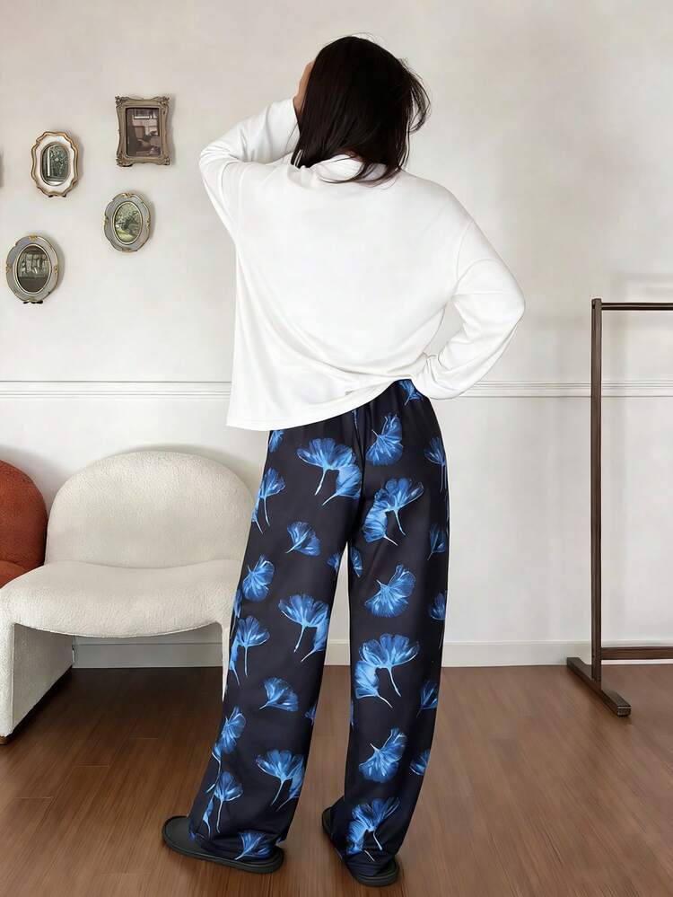2pcs Solid Color Loose Long Sleeve T-Shirt & Straight Leg Allover Print Pants Pajama Set, Spring & Autumn For Women