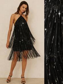 Aveloria Rosie 新款时尚亮片流苏系领迷你连衣裙，闪亮迷人，甜美又性感，适合街头、音乐节等场合。 - 黑色 - 查看 4
