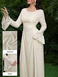 Al Najma Jacquard Patchwork Tie-Up Design Waist Cinched Round Neck Flare Sleeve Elegant Party Dress - Apricot - View 2