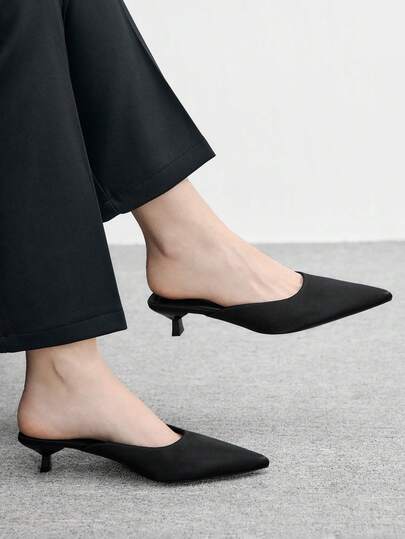 CUCCOO BIZCHIC 黑色尖头细跟套脚高跟鞋，百搭日常通勤女鞋