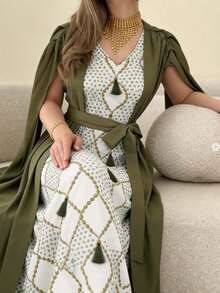 Al Najma Women's Fashion V-Neck Fringe Sleeve Arabic Style Dress - Multicolor - View 1