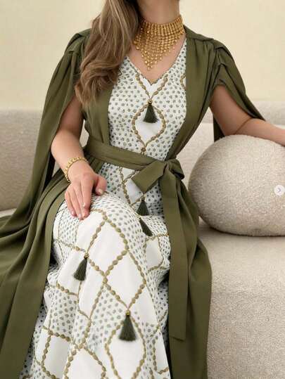 Al Najma Women's Fashion V-Neck Fringe Sleeve Arabic Style Dress