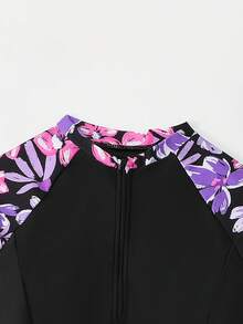 SHEIN 少女吊带比基尼上衣，印花长袖，黑色拉链纯色裙裤，黑色裤子，穆斯林布基尼泳装，保守泳装，印花泳装，两件式泳装 - 彩色 - 查看 4