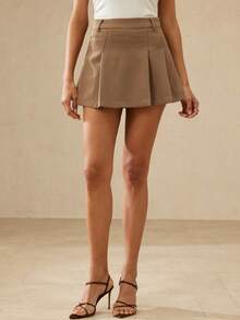 Aveloria Rosie New Stylish Design Casual Commute Mid-Waist Solid Color Pleated Skirt Shorts - Brown - View 7