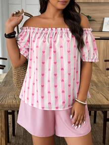 Weeklong Plus Size Off-The-Shoulder Two Pieces Set,Pastel Pink Summer Casual Holiday Shorts Set With Floral Print,Dopamine Style Short Sleeve For Vacation - Multicolor - View 4