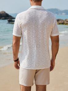 VENTUSAIL Áo sơ mi nam tay ngắn dệt kim họa tiết hoa trơn màu, phong cách thường ngày, thích hợp cho kỳ nghỉ hè, đi biển. - trắng - Xem 2