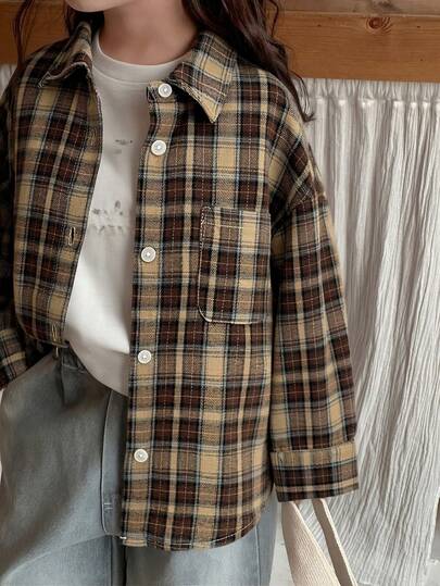 Hapijoa Girls (Small) Summer Plaid Casual Korean Style Long Sleeve Fresh And Sweet Shirt