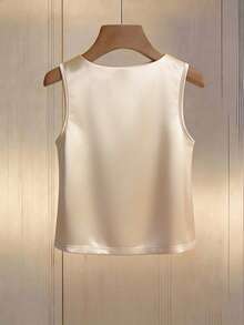 SHEIN Franclia 女士法式优雅针织方领无袖背心，香槟色缎面材质，饰以仿珍珠；亮片背心，闪亮上衣；夏季背心，夏季上衣；新款夏季女士背心。时尚休闲通勤装，商务办公装，百搭时尚日常休闲装，都市教师职业装 - 香檳色 - 查看 2