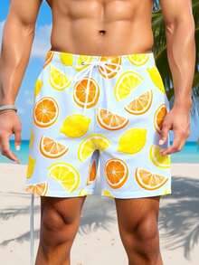 Manfinity Swimmode Men's Fruit Print Drawstring Waist Pocket Beach Shorts - Multicolor - View 4