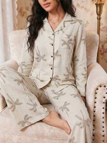 Modelyn 女士翻领度假风热带印花长袖睡衣套装，秋冬舒适优雅细节 - 杏色 - 查看 5