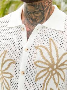 Manfinity RSRT Men's Summer Casual Vacation Coconut Tree Pattern Front Button Hollow Knit Top - White - View 5