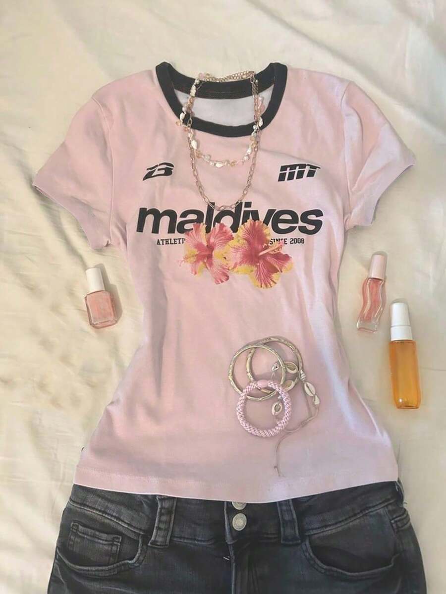 青少年女孩修身針織短版上衣,時尚印花貼身短袖T恤,適合春夏穿著 - 玫紅色 - 查看 1