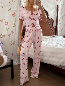 CottageSlumber 2 pièces Ensemble de pyjama court à manches courtes pour femmes avec motif romantique en dentelle, texture tricotée et rayures en forme de cœur - Multicolore - Voir 8