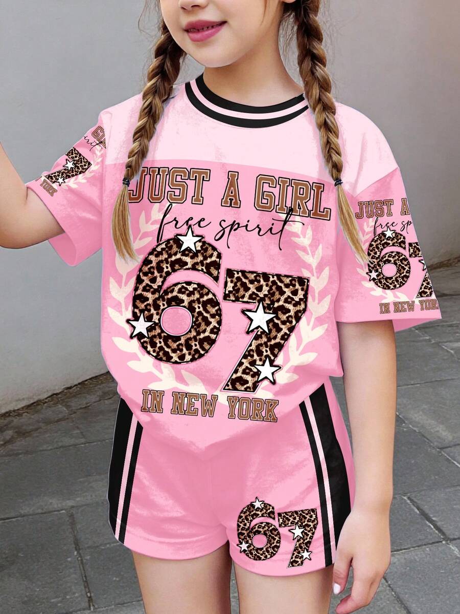 SHEIN 2pcs/Set Young Girl Retro Light Pink Leopard Print Number 67 & Star Pattern Contrast Color Sporty Casual Shorts & Short Sleeve T-Shirt Summer Sport - White - View 1
