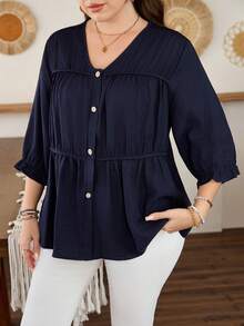 Lacomfia Plus Size Women's Fashion Long Sleeve Pleated Front Drawstring Long Sleeve Blouse - Navy Blue - View 4