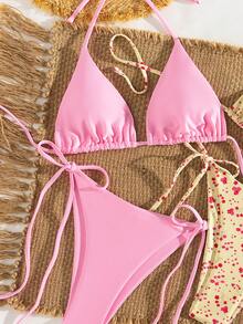 Swim Mod 两件套女士挂脖系带碎花比基尼泳衣，简约时尚海滩度假风 - 彩色 - 查看 5