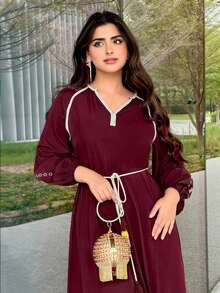 Yasmyna New V-Neck Embroidered Relaxed Comfortable Beach Dress - Burgundy - View 4